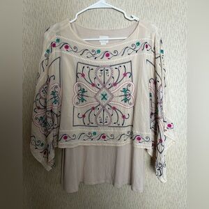 Chicos Embroidered Long Sleeve Boho Pale Pink Blouse Top Size 1